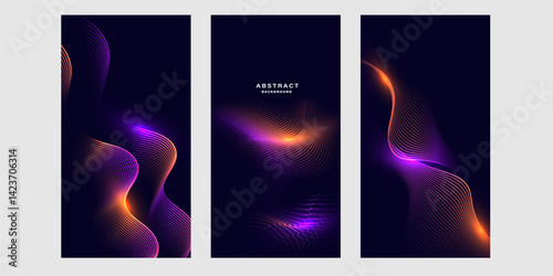 Set of futuristic abstract background with glowing wave lines. Vertical background banner.	