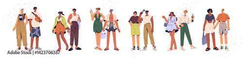 Happy couples in summer clothes set. Friends in outfits for hot weather stand together. Men and women are wearing stylish dress, shorts. Flat isolated vector illustrations on white background