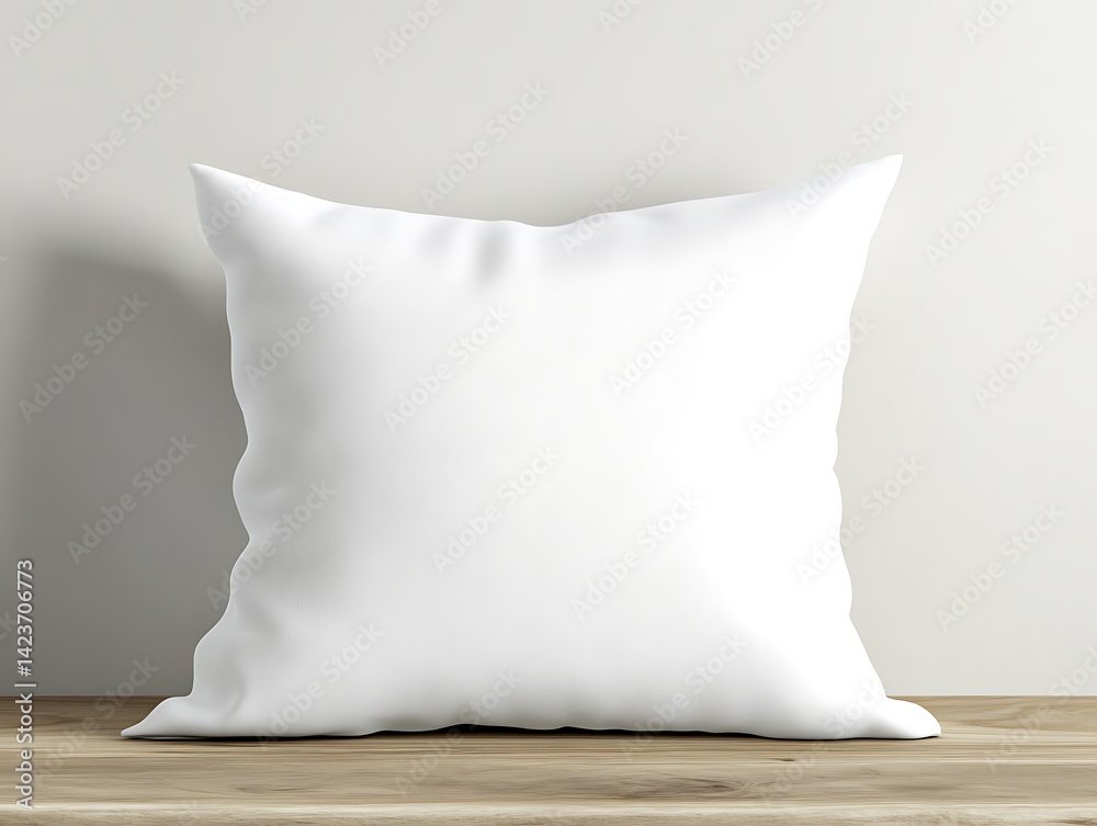 White Square Pillow on Wooden Surface in Bright Studio Interior with Neutral Background