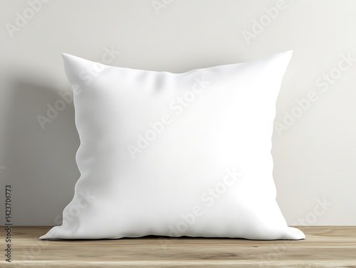 Obraz na płótnie White Square Pillow on Wooden Surface in Bright Studio Interior with Neutral Background w salonie