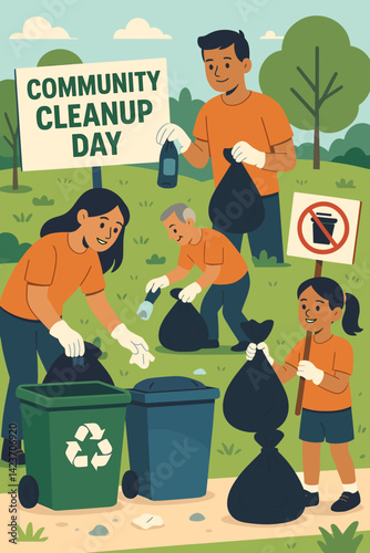 A group of volunteers are tidying up a park using bags, gloves, and waste bins