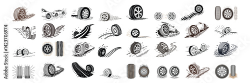 Tire Tread Marks Skid and Drift Texture Vector Illustration.