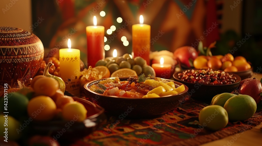 Naklejka premium Kwanzaa table setting adorned with an abundance of traditional foods and vibrant fruits, illuminated by glowing candles, celebrating heritage and togetherness