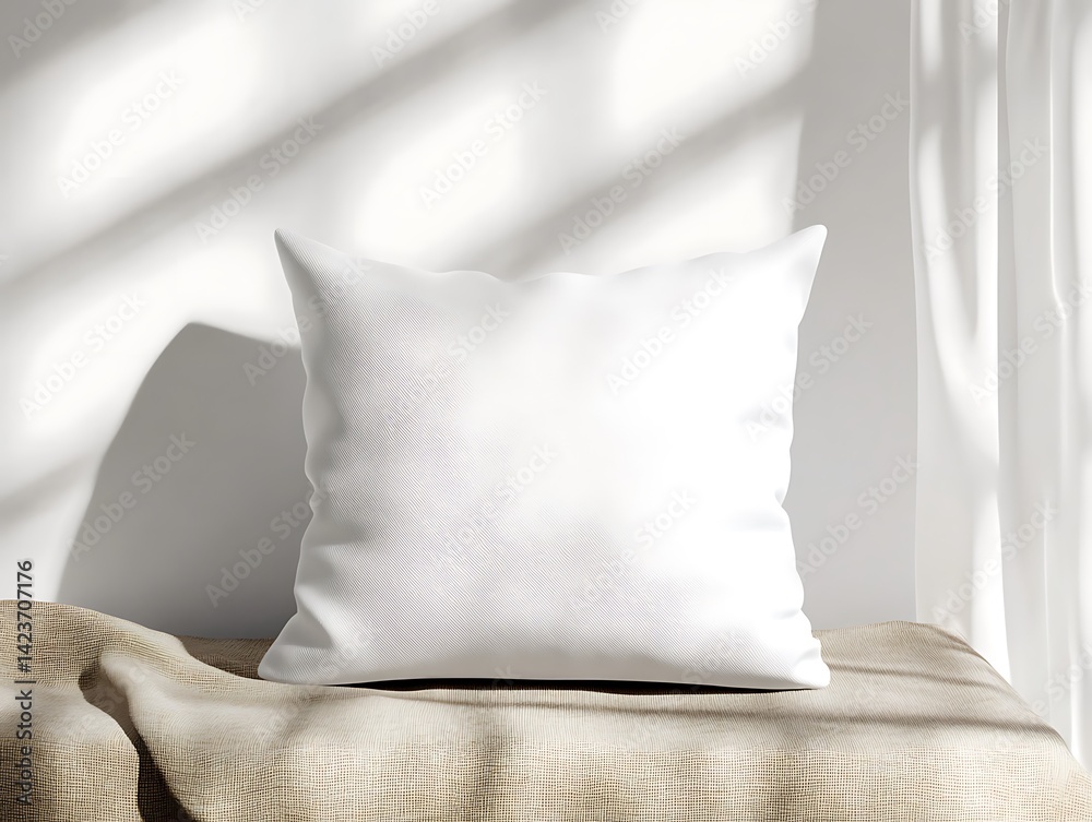 White Square Pillow On Woven Brown Fabric With Window Shadows And Bright Light