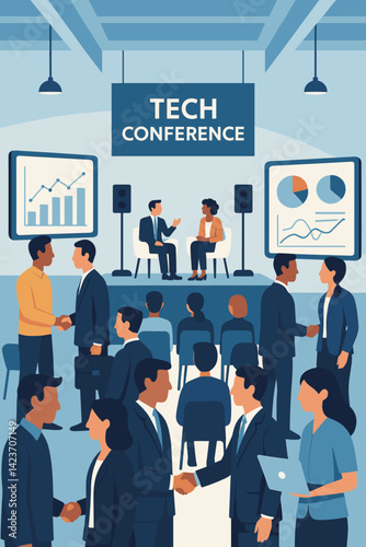 An event for professionals featuring attendees, presentations, and technical visuals