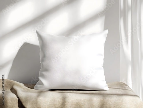 Obraz na płótnie White Square Pillow On Woven Brown Fabric With Window Shadows And Bright Light w salonie
