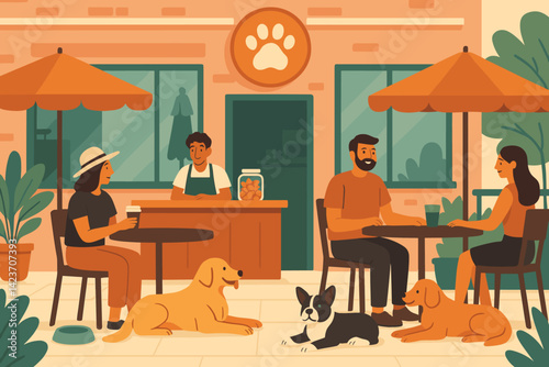 A casual outdoor café where people relax with their dogs and enjoy snacks