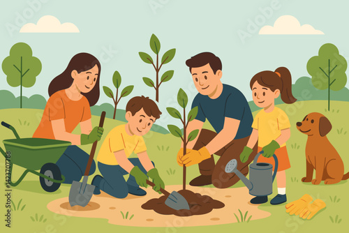A community-focused tree planting event involving a cheerful family