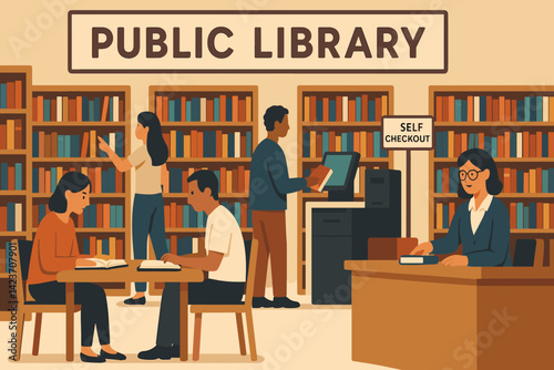 A contemporary library setting packed with literature and engaged patrons