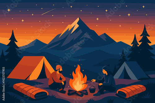 A serene mountain camp surrounded by twinkling stars and a warm, flickering flame