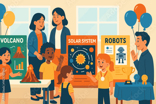 A vibrant school event with students showcasing science experiments
