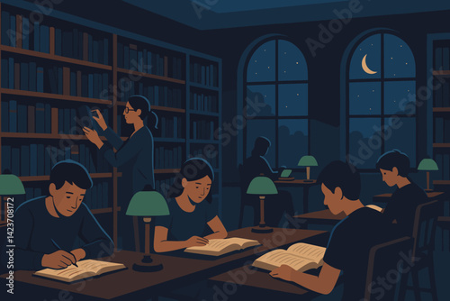 A late-evening library setting with readers, books, and calm ambiance
