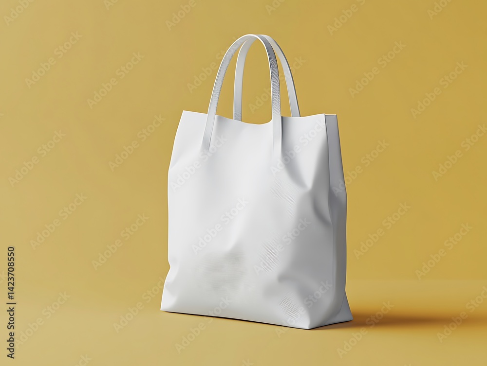 White Tote Bag With Silver Handles On Yellow Background For Product Presentation