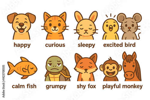 Animal faces expressing various emotions in a cute illustrated style