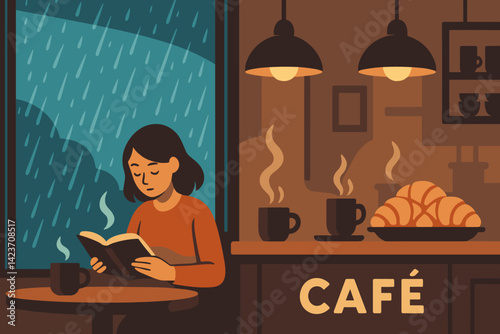 A peaceful rainy-day café scene with comfort food and soft light
