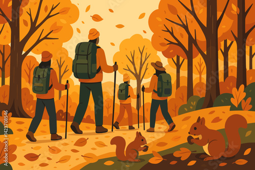 A scenic autumn forest hike with colorful leaves and active hikers
