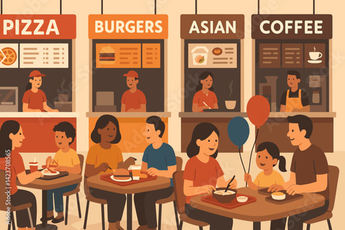 A lively indoor dining space with families, fast food, and social atmosphere