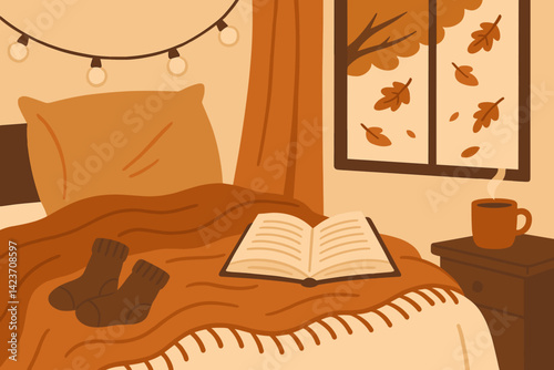 An intimate bedroom filled with warm textures and signs of fall