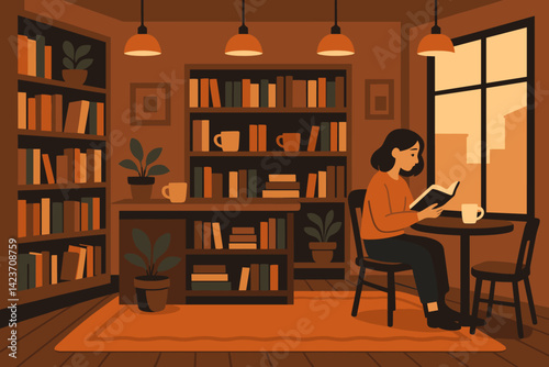 A relaxing bookshop café corner with a peaceful reading vibe