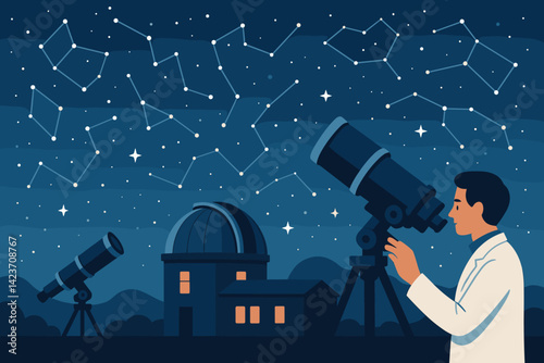A nighttime astronomy setting featuring telescopes and people gazing up at the stars under a clear sky