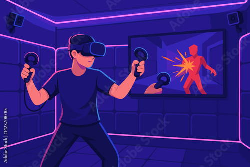 A contemporary virtual reality room configuration featuring an engaging gaming session underway