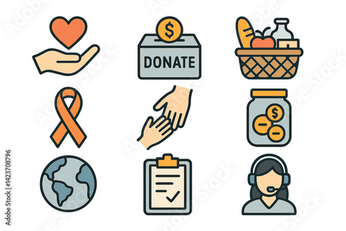 Symbols representing humanitarian aid and charitable giving