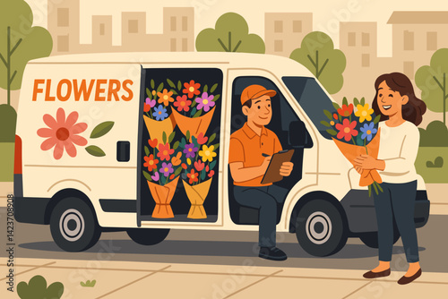 A flower delivery is currently taking place on a lively city street