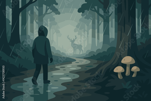 A moody woodland trail with rain, wildlife, and misty atmosphere