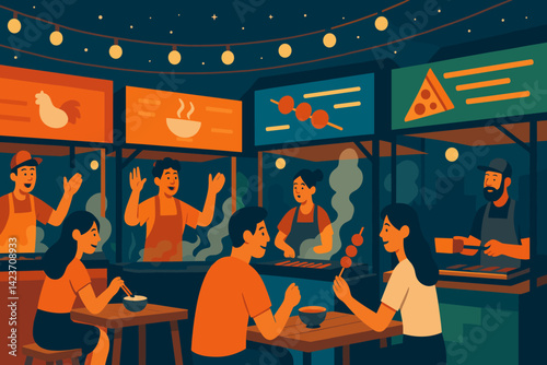 A lively nighttime outdoor market filled with an array of food, twinkling lights, and crowds of people