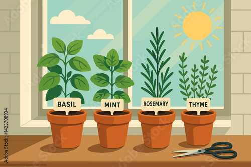 A kitchen window filled with an assortment of lush green plants forms a small indoor herb garden