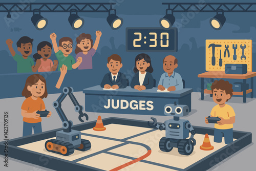 A youth robotics tournament with teams, tools, and audience