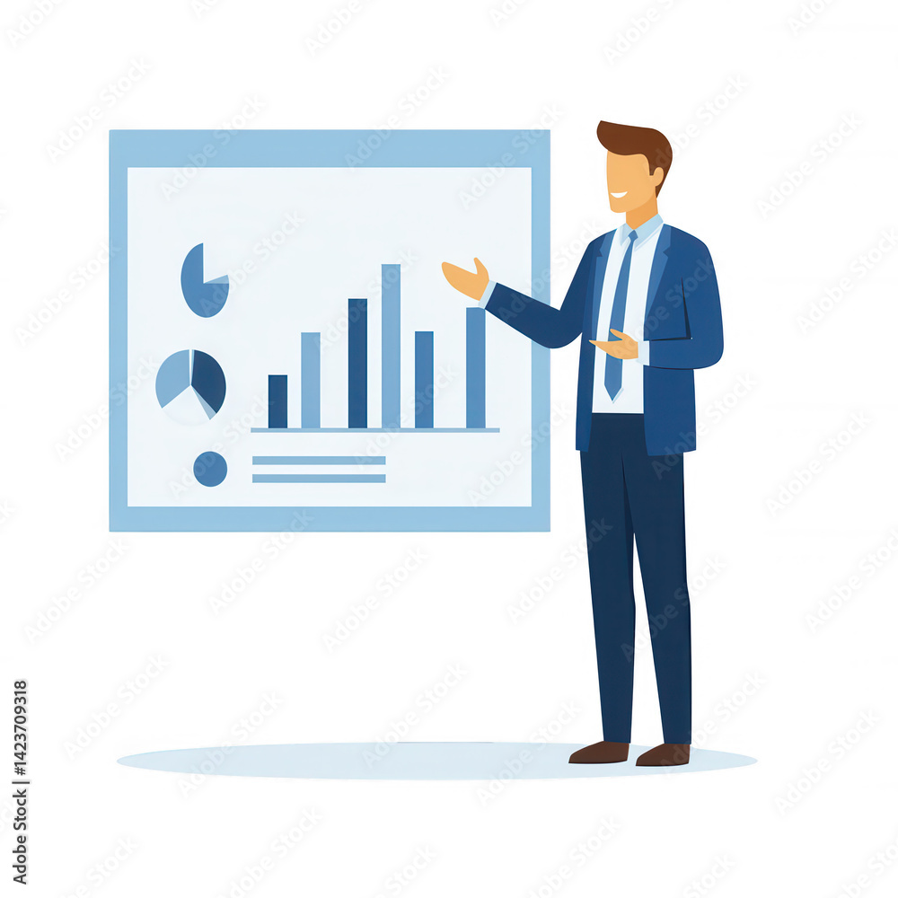 Fototapeta premium A professional man presenting a growth chart in front of a presentation board, dressed in a suit, showcasing data analysis during a corporate meeting.