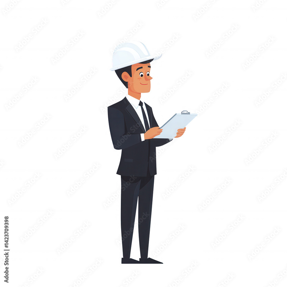 A professional man wearing a hard hat and suit, holding a document. Ideal for construction, project management, or business planning concepts. A professional man wearing a hard hat and suit, holding a document. Ideal for construction, project management, or business planning concepts.