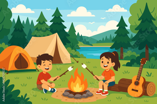 A serene lakeside setting with a family camped out in tents surrounded by a warm fire
