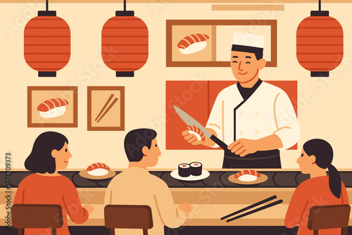 A sushi restaurant from Japan featuring chefs, guests, and plates in motion