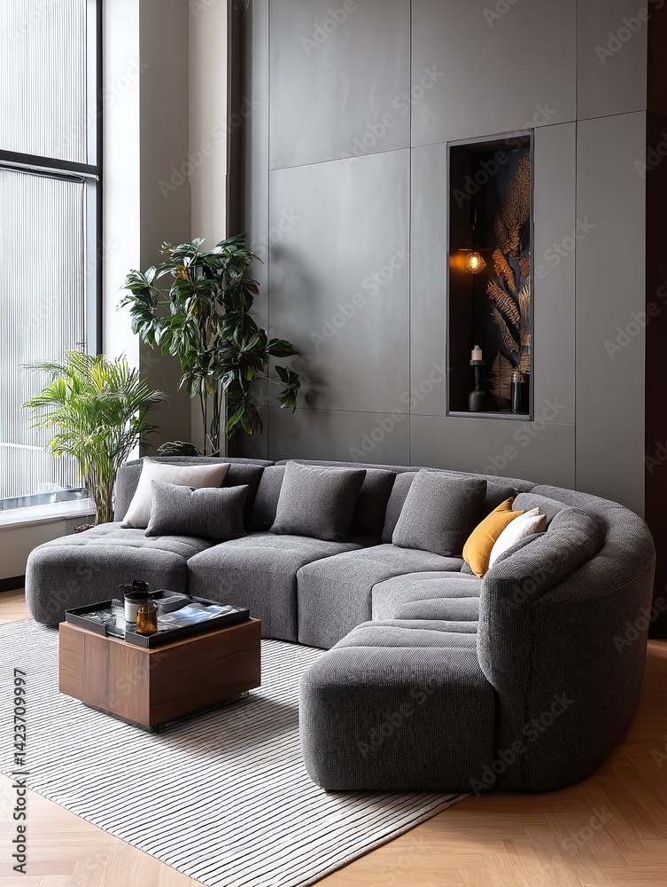 Obraz premium Modern living room featuring a stylish gray sectional sofa, decorative plants, and ambient lighting