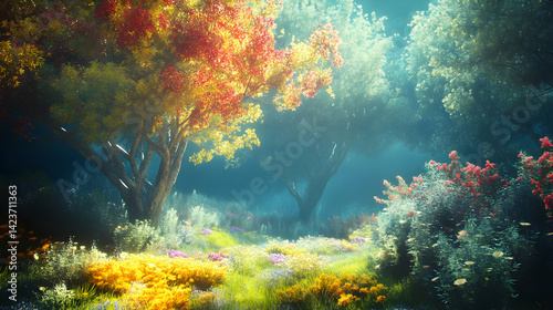 A mystical autumnal forest path bathed in ethereal sunlight, where vibrant wildflowers bloom under ancient trees, creating a magical scene.
