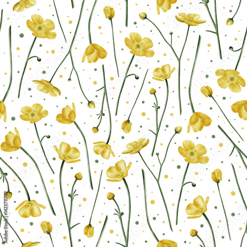 
Seamless watercolor pattern with yellow buttercup flowers on a white background. Ideal for textiles, packaging, stationery, and spring or summer-themed designs.
