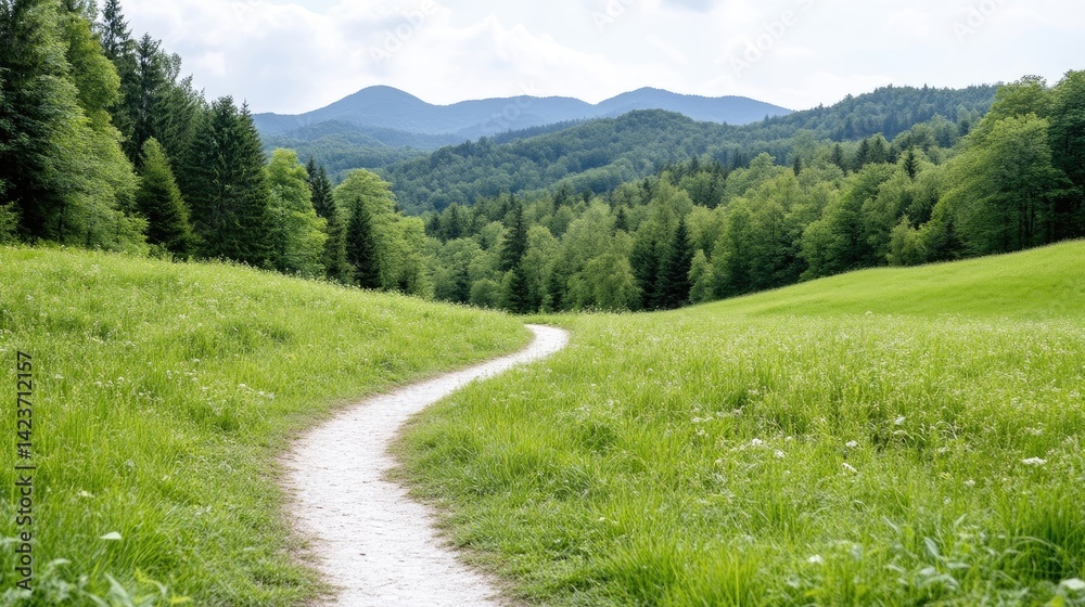 Serene country path meanders through lush green meadows and forests, leading to distant hills Serene country path meanders through lush green meadows and forests, leading to distant hills