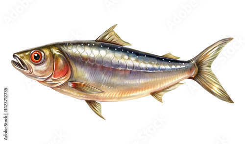 Watercolor painting of a shiny sardine fish with detailed scales and fins