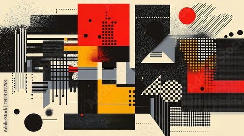 Dynamic geometric abstraction featuring dots, lines, and bold color blocks