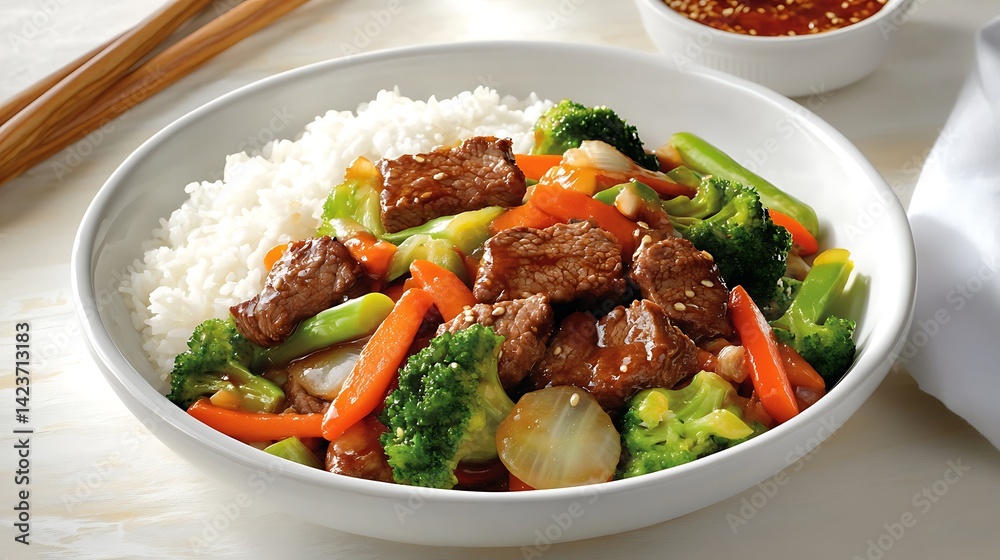A serving of Mongolian beef stir fry with vegetables and steamed rice A serving of Mongolian beef stir fry with vegetables and steamed rice