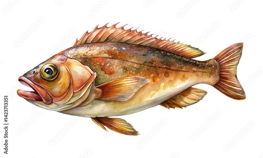 Fototapeta premium Watercolor illustration of a single brown and beige fish on a white background