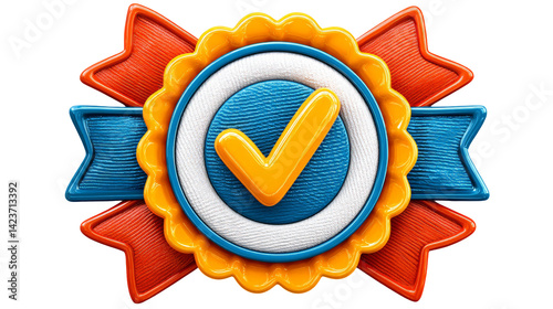 Colorful 3D award seal with check mark icon and blue ribbons