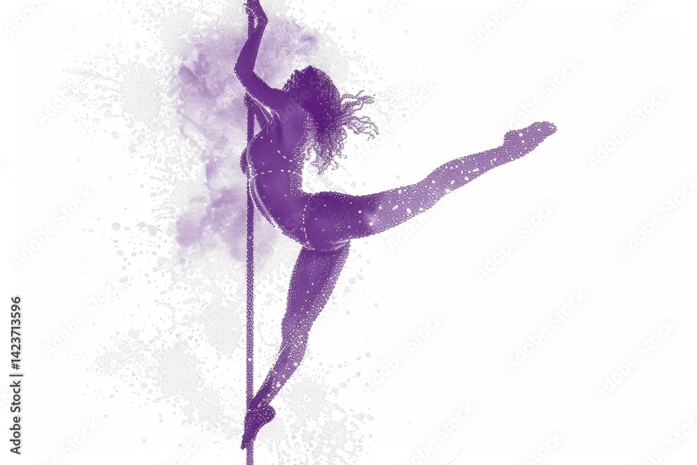 Obraz premium Minimalistic Purple Pointillist Illustration of a Woman Pole Dancing on White Background