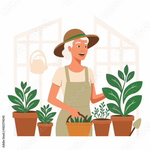 Elderly woman tending plants in greenhouse, joy of gardening