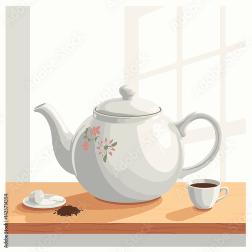 Elegant teapot with tea leaves on wooden countertop, peaceful preparation