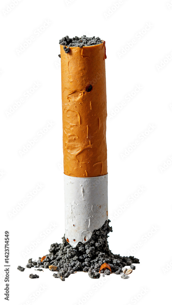 Single Cigarette Butt Isolated on Transparent Background for Anti-Smoking Campaigns and Health Awareness Materials