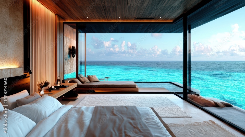 Fototapeta premium A luxurious bedroom overlooking the ocean.
