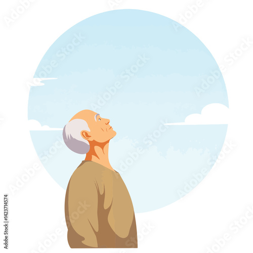 Elderly man gazing upward under serene sky, contemplation and peace